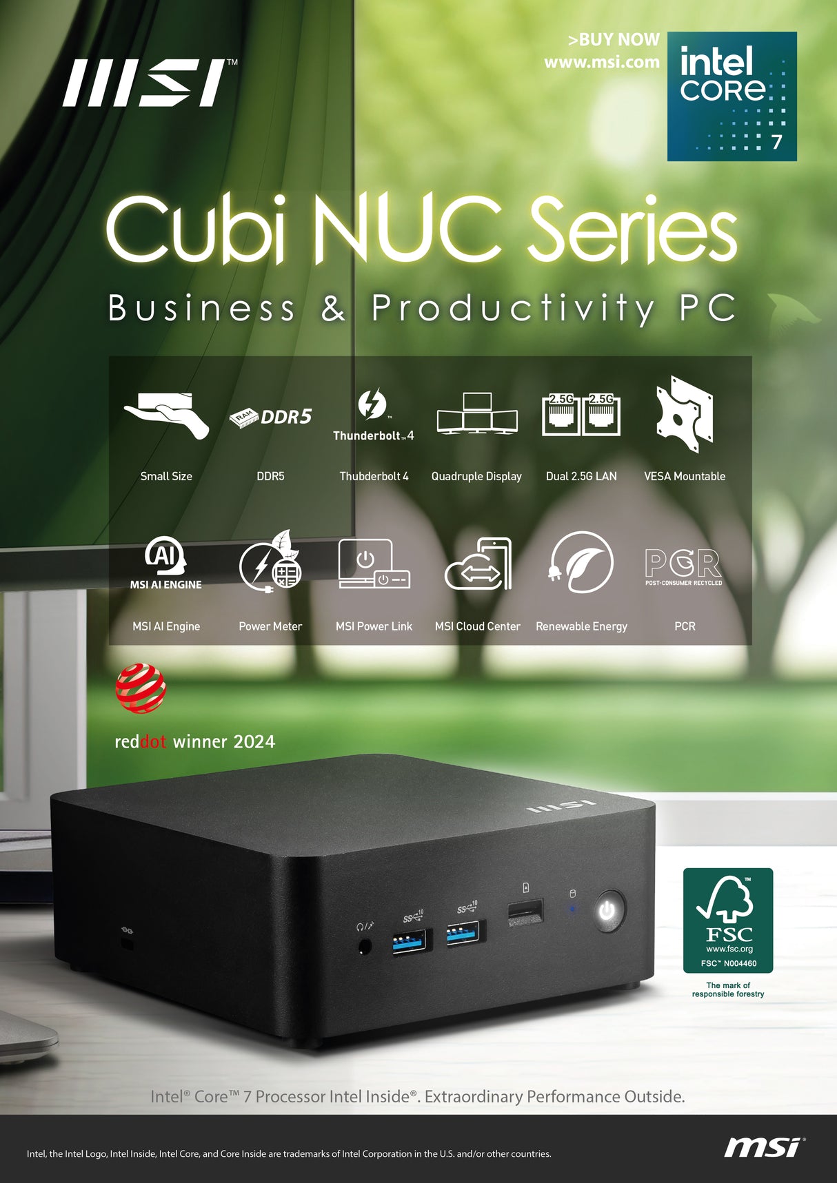 MSI Cubi NUC 1M Intel Core 3 100U Desktop PC, NUC, SFF, Mini Computer, HTPC, (8GB RAM, 512GB Storage, Windows 11 PRO), UHD Graphics/DDR5/Dual ThunderBolt 4/Dual HDMI/Dual LAN/WiFi 6E/BT 5.3/VESA