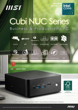 MSI Cubi NUC 1M Intel Core 3 100U Desktop PC, NUC, SFF, Mini Computer, HTPC, (8GB RAM, 512GB Storage, Windows 11 PRO), UHD Graphics/DDR5/Dual ThunderBolt 4/Dual HDMI/Dual LAN/WiFi 6E/BT 5.3/VESA