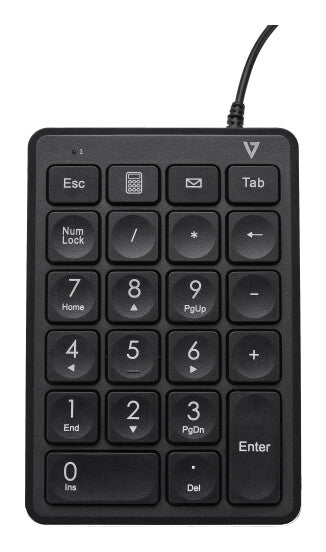 V7 KP350 USB Wired Numeric Keypad - 22 Key - Calculator, Tab, Backspace Shortcut Keys - 6ft Cable - USB Type A - Keyboard , Notebook, Laptop - Black - Chrome OS - Windows - MacOS - Number