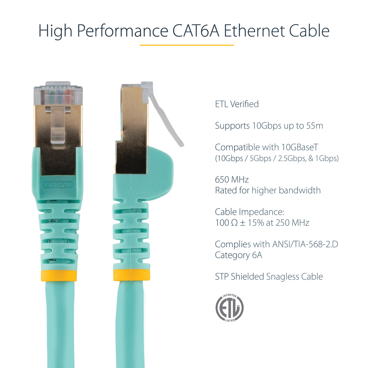 StarTech.com 0.50m CAT6a Ethernet Cable - 10 Gigabit Shielded Snagless RJ45 100W PoE Patch Cord - 10GbE STP Network Cable w/Strain Relief - Aqua Fluke Tested/Wiring is UL Certified/TIA