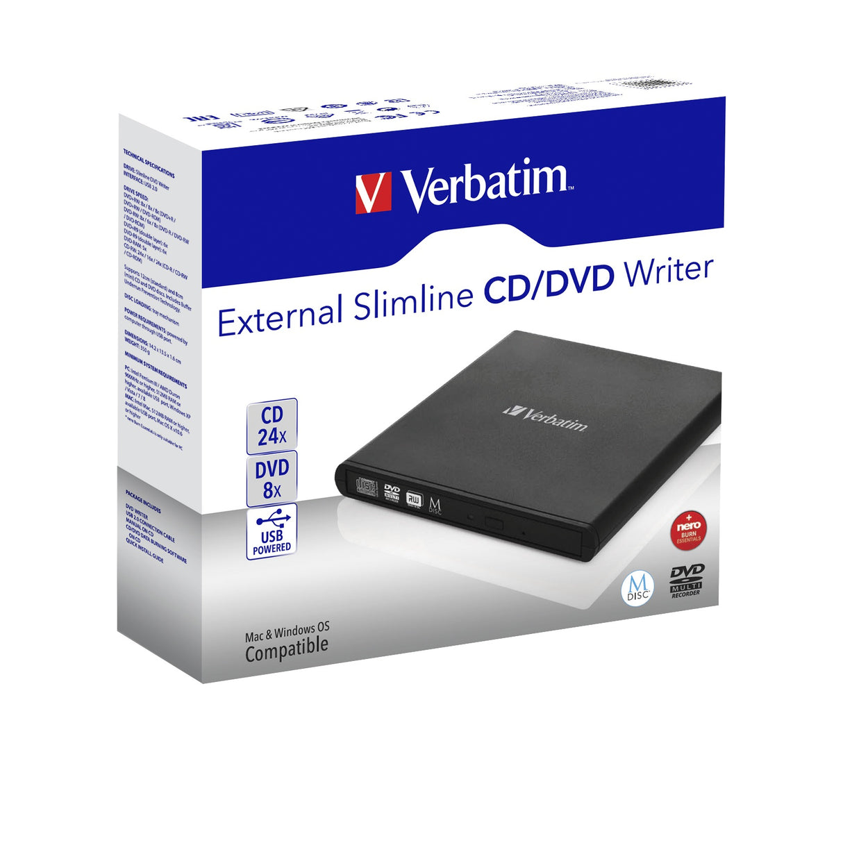 Verbatim Slimline CD/DVD optical disc drive DVD-RW Black