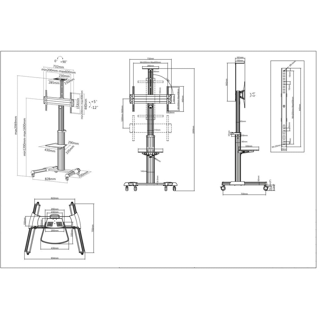 Manhattan TV & Monitor Mount, Trolley Stand, 1 screen, Screen Sizes: 37-65", Silver, VESA 200x200 to 600x400mm, Max 50kg, LFD, Lifetime Warranty