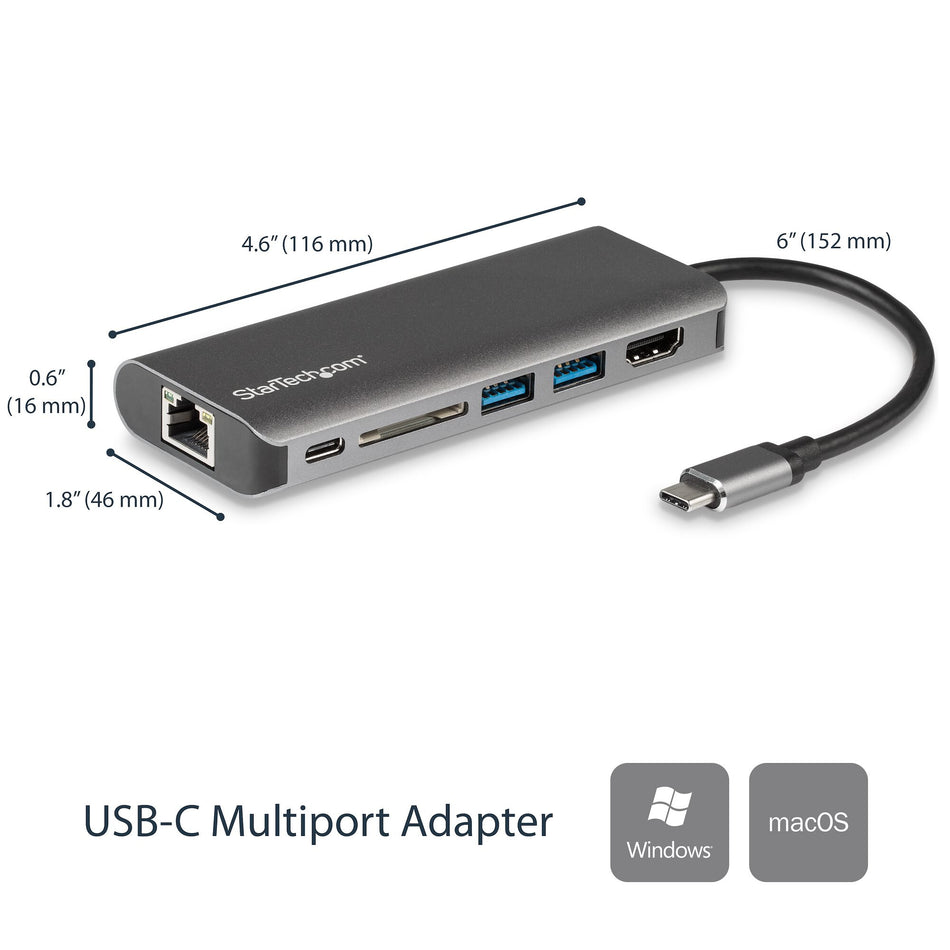 StarTech.com USB C Multiport Adapter, Portable USB-C Dock to 4K HDMI, 2-pt USB 3.0 Hub, SD/SDHC, GbE, 60W PD Pass-Through - USB Type-C/Thunderbolt 3 - REPLACED BY DKT30CHSDPD1