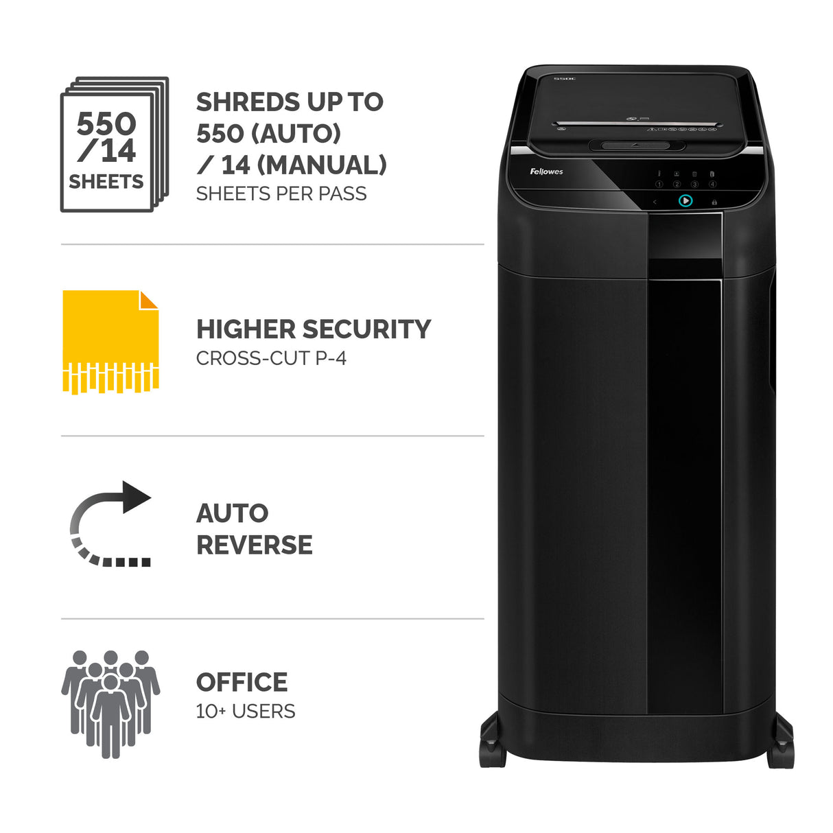 Fellowes Paper Shredder 550 Sheet Auto Feed Cross Cut Shredder AutoMax 550C Shredder with 83 Litre Bin High Security P4