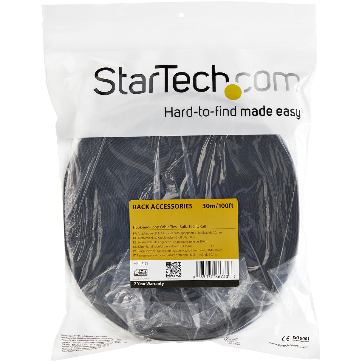 StarTech.com 25ft Hook and Loop Roll - Cut-to-Size Reusable Cable Ties - Bulk Industrial Wire Fastener Tape /Adjustable Fabric Wraps Black / Resuable Self Gripping Cable Management Straps