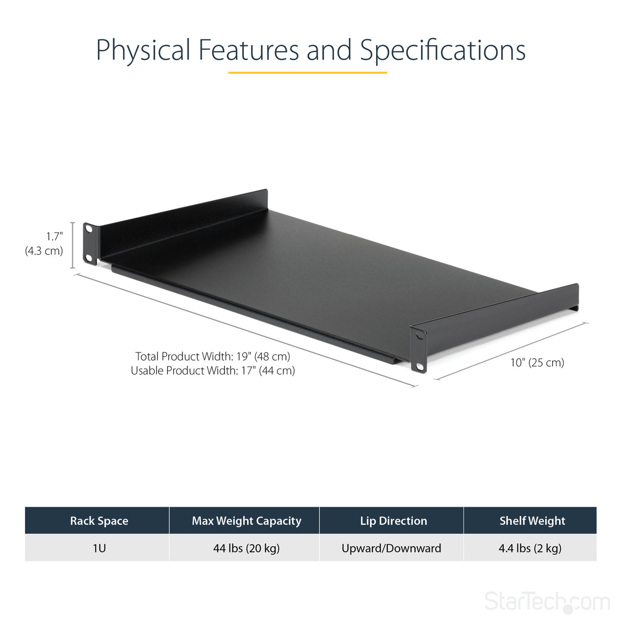 StarTech.com 1U Fixed Server Rack Mount Shelf - 10in Deep Steel Universal Cantilever Tray for 19" AV/ Network Equipment Rack - Heavy Duty Steel - Weight Capacity 44lbs/20kg, Black