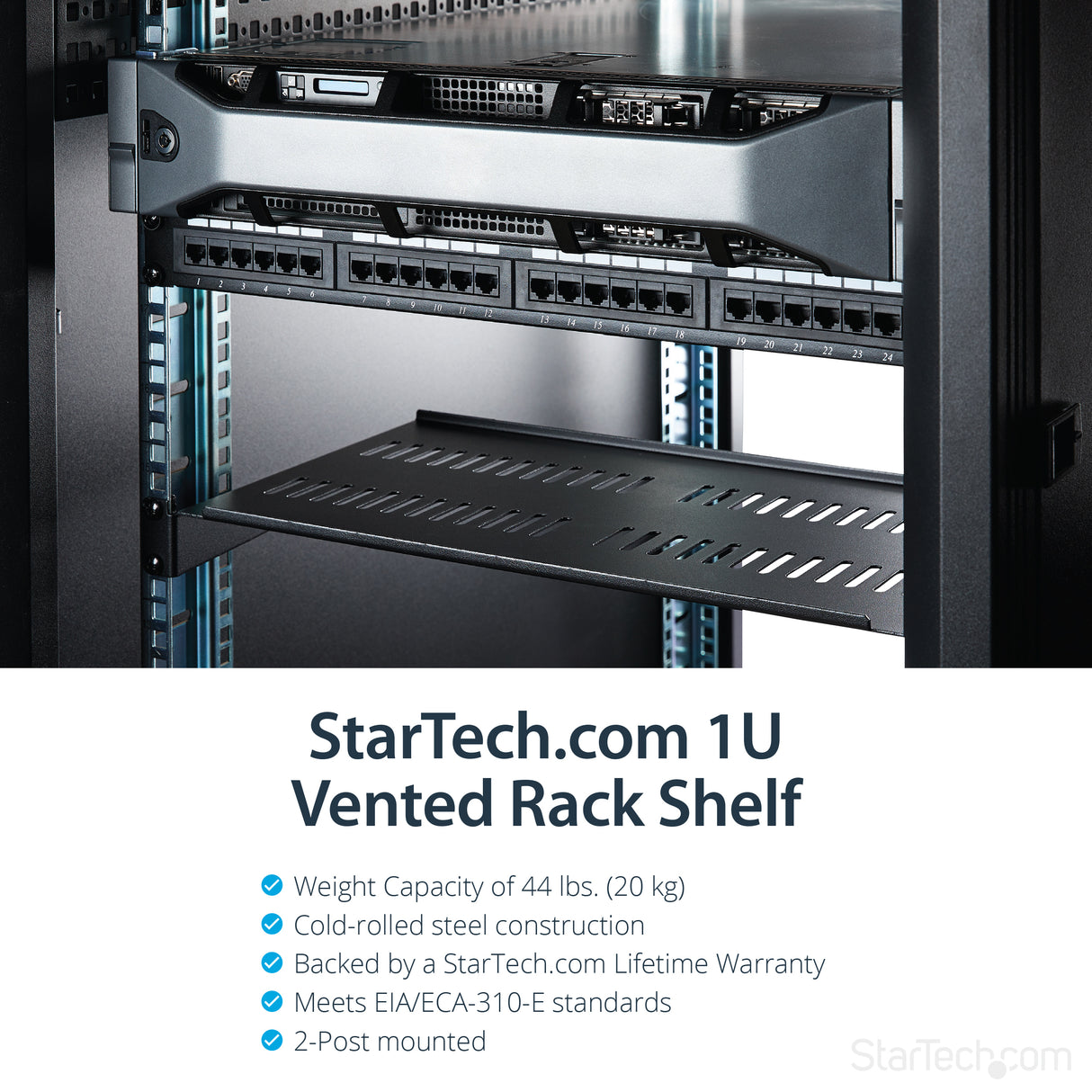 StarTech.com 1U Server Rack Shelf - Universal Vented Rack Mount Cantilever Tray for 19" Network Equipment Rack & Cabinet - Heavy Duty Steel - Weight Capacity 44lb/20kg - 10" Deep Shelf, Black