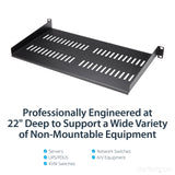 StarTech.com 1U Server Rack Shelf - Universal Vented Rack Mount Cantilever Tray for 19" Network Equipment Rack & Cabinet - Heavy Duty Steel - Weight Capacity 44lb/20kg - 10" Deep Shelf, Black