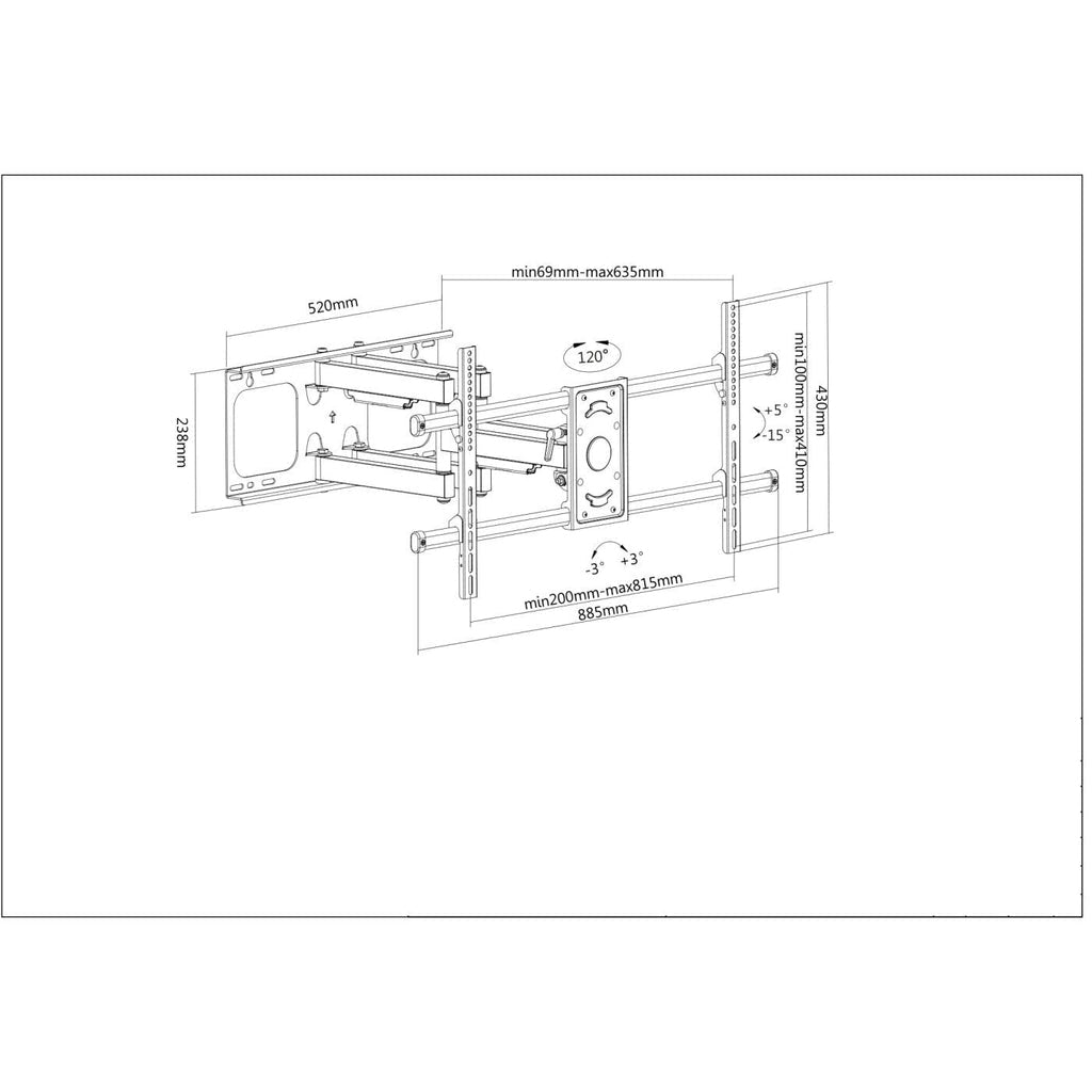 Manhattan TV & Monitor Mount, Wall, Full Motion, 1 screen, Screen Sizes: 37-75", Black, VESA 200x200 to 800x400mm, Max 75kg, LFD, Tilt & Swivel with 3 Pivots, Lifetime Warranty