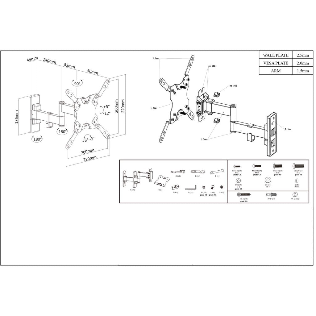 Manhattan TV & Monitor Mount, Wall, Full Motion, 1 screen, Screen Sizes: 13-42", Black, VESA 75x75 to 200x200mm, Max 20kg, Tilt & Swivel with 3 Pivots, Lifetime Warranty