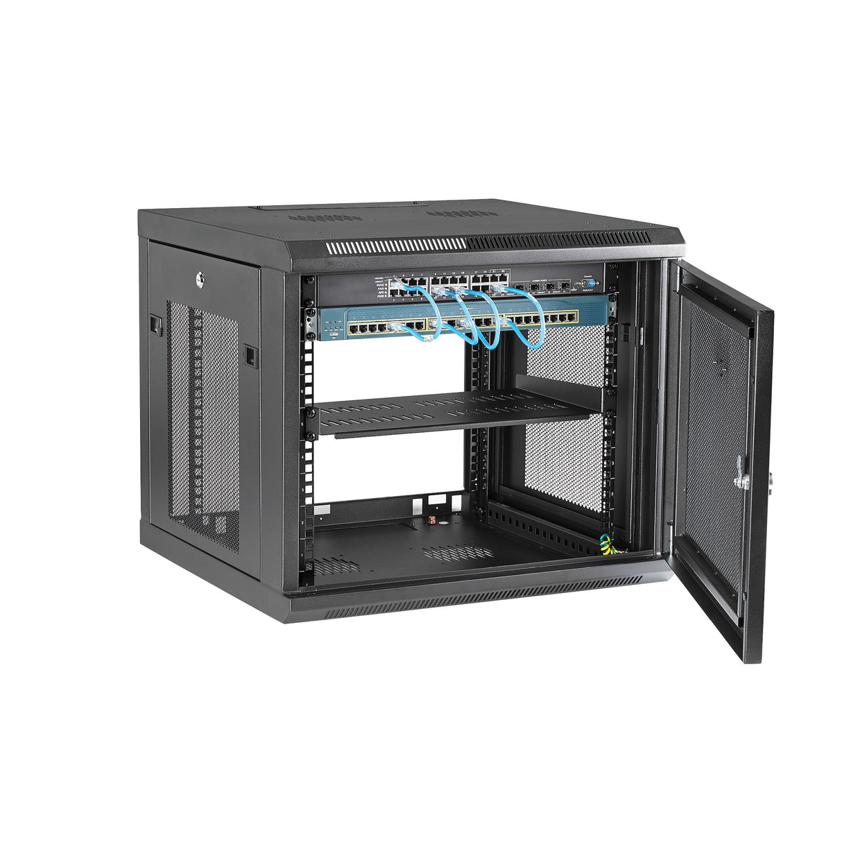 StarTech.com 4-Post 9U Wall Mount Network Cabinet with 1U Shelf, 19" Wall-Mounted Server Rack for Data / AV / Electronics / Computer Equipment, Small Vented Rack Enclosure