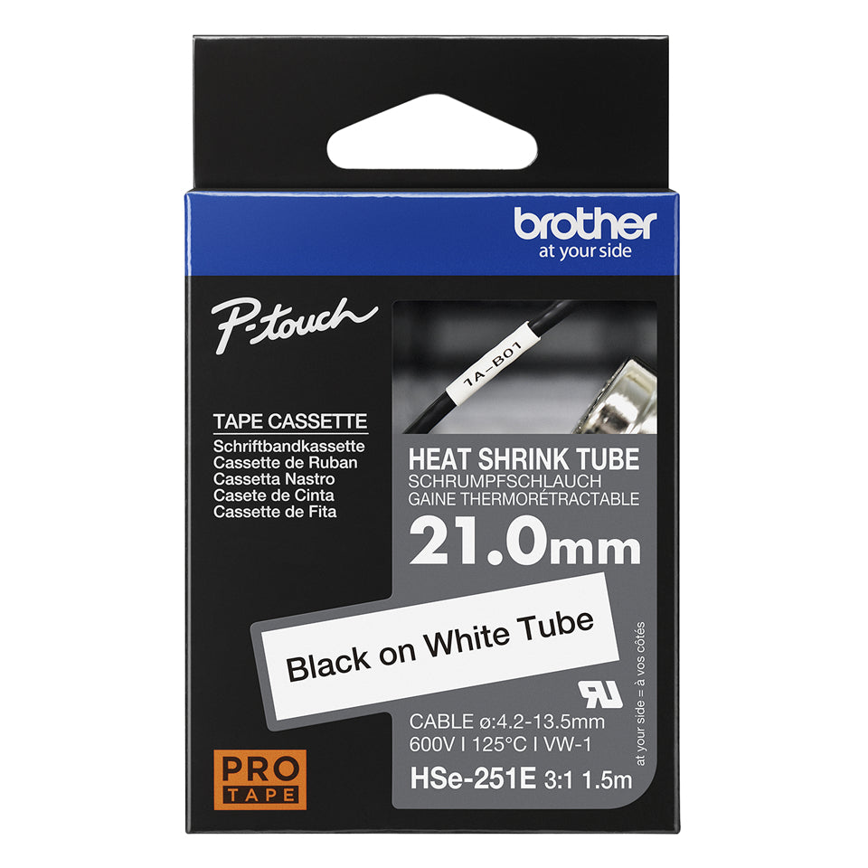 Brother HSE-251E Heat Shrink Tubes black on white 21mm x 1,5m for Brother P-Touch TZ 3.5-24mm HSE/36mm HSE