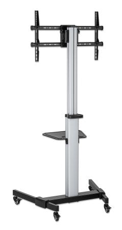 Manhattan TV & Monitor Mount, Trolley Stand, 1 screen, Screen Sizes: 37-86", -10 to 5° Tilt, 90° Rotation, Silver/Black, VESA 200x200 to 600x400mm, Max 50kg, Height adjustable 1200 to 1600mm, AV/Laptop shelf, Aluminium, LFD, Lifetime Warranty