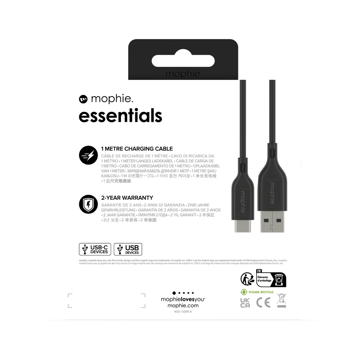 mophie essentials charging cables | 1M USB cable USB 2.0 USB A USB C Black