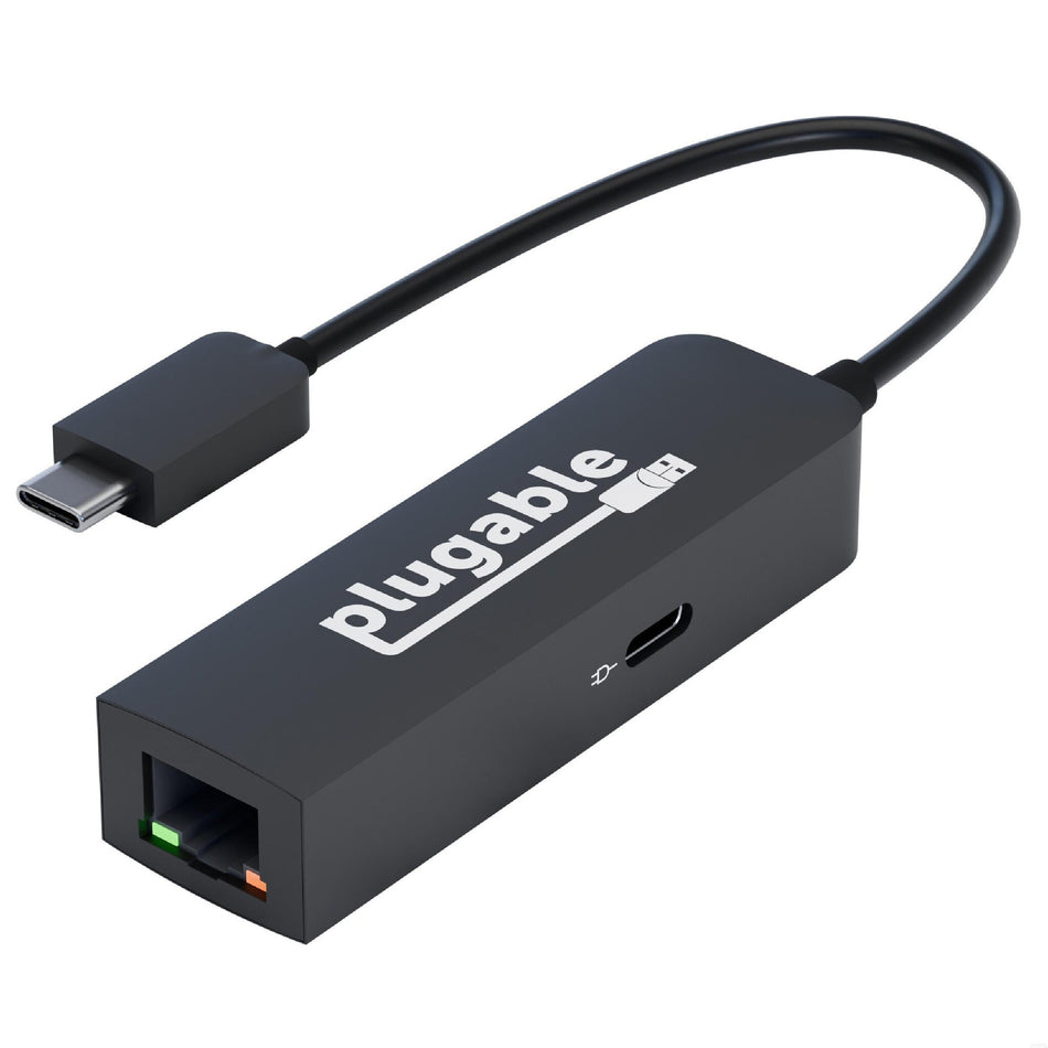 Plugable Technologies USB C to Ethernet Adapter 2.5Gb with 100W USB-C PD Charging, 2.5 Gigabit Type C USB Ethernet Adapter for Windows, MacBook, Chrome, iPad, Surface, XPS, Thunderbolt 4, USB4 (USBC-E2500PD)