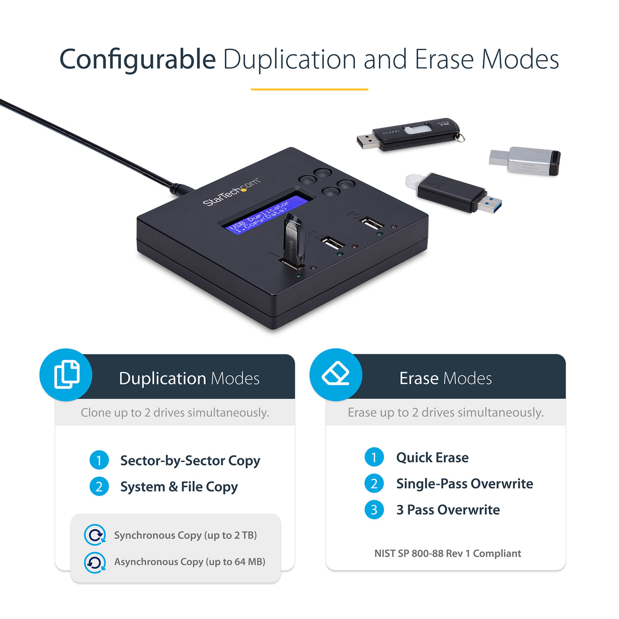 StarTech.com Standalone 1 to 2 USB Thumb Drive Duplicator and Eraser, Multiple USB Flash Drive Copier, System and File and Whole-Drive Copy at 1.5 GB/min, Single and 3-Pass Erase, LCD Display