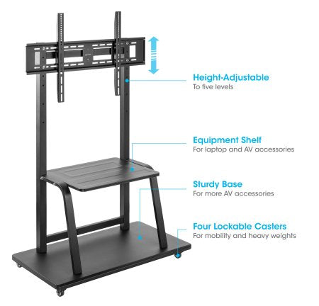 Manhattan TV & Monitor Mount, Trolley Stand, 1 screen, Screen Sizes: 37-100", Black, VESA 200x200 to 800x600mm, Max 150kg, Shelf and Base for Laptop or AV device, Height-adjustable to four levels: 862, 916, 970 and 1024mm, LFD, Lifetime Warranty