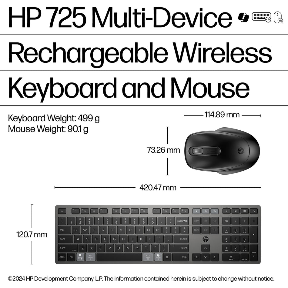 HP 725 Multi-Device Rechargeable Wireless Keyboard and Mouse Combo