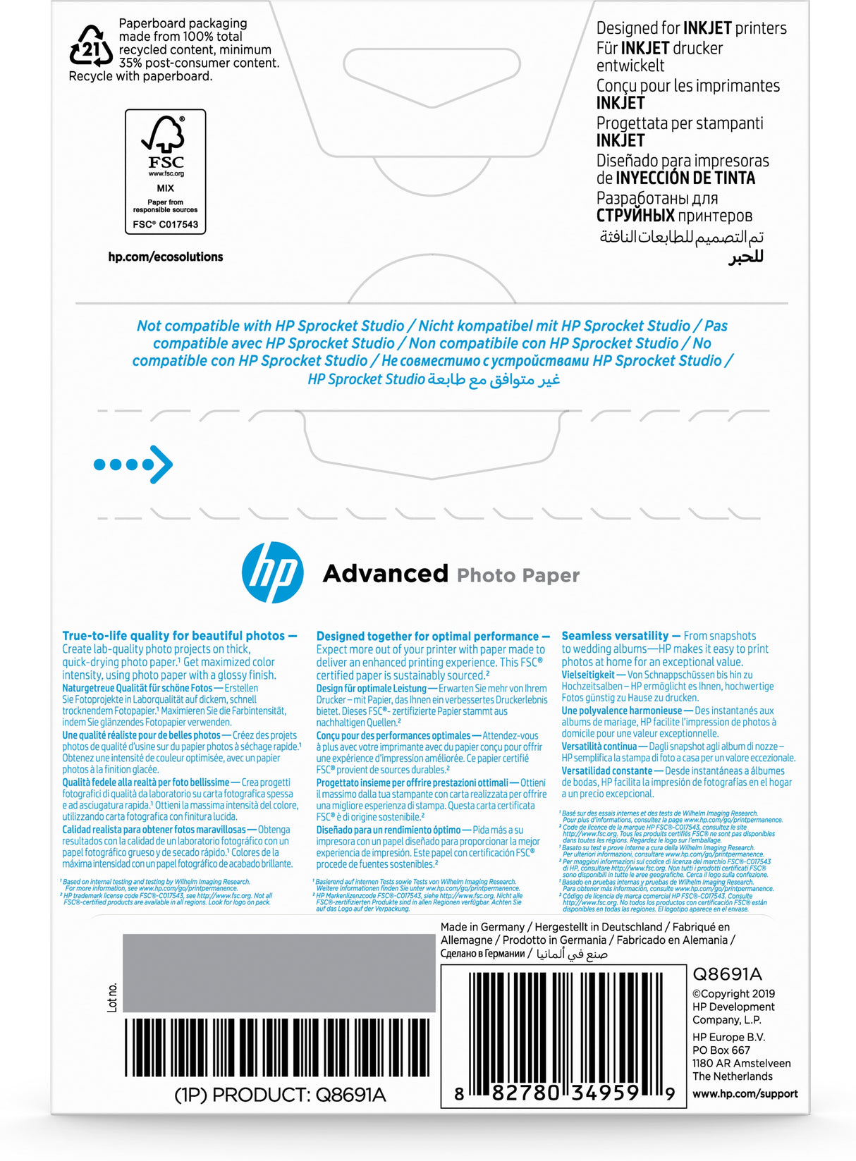 HP Advanced Photo Paper, Glossy, 250 g/m2, 10 x 15 cm (101 x 152 mm), 25 sheets