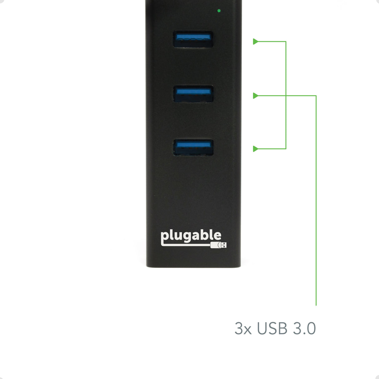 Plugable Technologies USB Hub with Ethernet, 3 port USB 3.0 Bus Powered Hub with Gigabit Ethernet Compatible with Windows, MacBook, Linux, Chrome OS, Includes USB C and USB 3.0 Cables