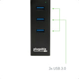 Plugable Technologies USB Hub with Ethernet, 3 port USB 3.0 Bus Powered Hub with Gigabit Ethernet Compatible with Windows, MacBook, Linux, Chrome OS, Includes USB C and USB 3.0 Cables