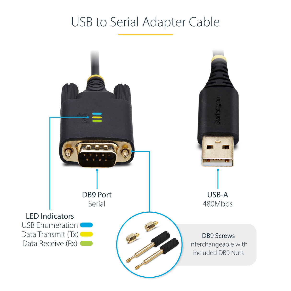 StarTech.com 10ft (3m) USB to Serial Adapter Cable, COM Retention, Interchangeable Screws/Nuts, USB-A to DB9 RS232, FTDI IC, ESD Protection, Windows/macOS/Linux