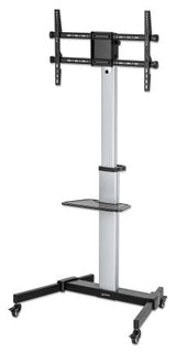 Manhattan TV & Monitor Mount, Trolley Stand, 1 screen, Screen Sizes: 37-86", -10 to 5° Tilt, 90° Rotation, Silver/Black, VESA 200x200 to 600x400mm, Max 50kg, Height adjustable 1200 to 1600mm, AV/Laptop shelf, Aluminium, LFD, Lifetime Warranty