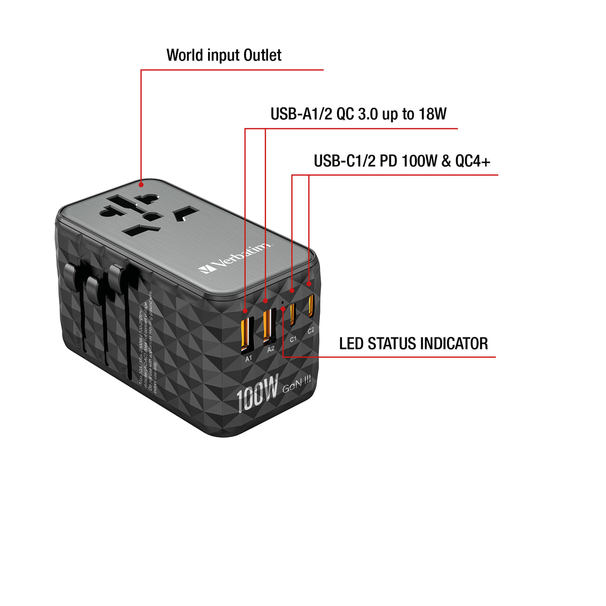 Verbatim UTA-06 100W GaN III Universal Travel Adapter with 2 x USB-C PD & QC 4+ & 2 x USB-A QC 3.0 ports