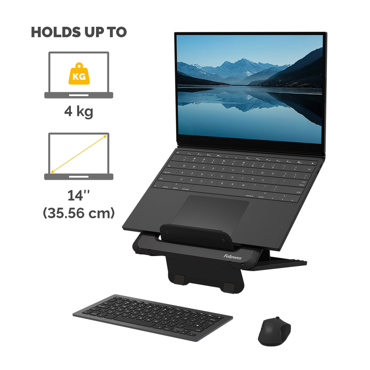 Fellowes Laptop Stand for Desk - Breyta Adjustable Laptop Riser for Home and Office - Portable Laptop Stand with 12 Height Adjustments - Max Laptop Size 14", Max Weight 4KG - Black