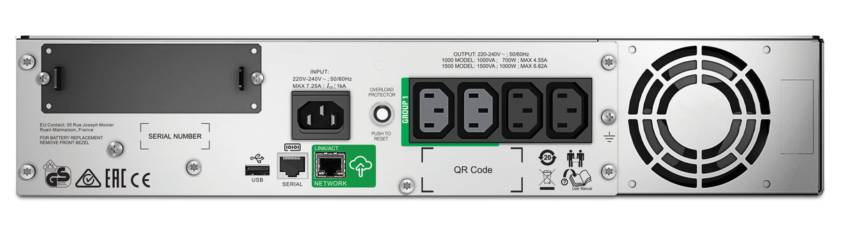 APC Smart-UPS, Line Interactive, 1000VA, Rackmount 2U, 230V, 4x IEC C13 outlets, SmartConnect Port+SmartSlot, AVR, LCD