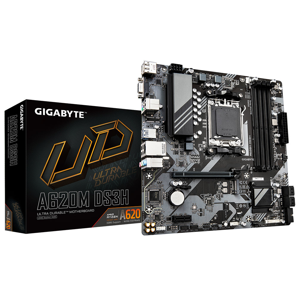 GIGABYTE A620M DS3H Motherboard - Supports AMD Ryzen 8000 CPUs, 5+2+2 Phases Digital VRM, up to 7600MHz DDR5 (OC), 1xPCIe 4.0 M.2, GbE LAN, USB 3.2 Gen 1