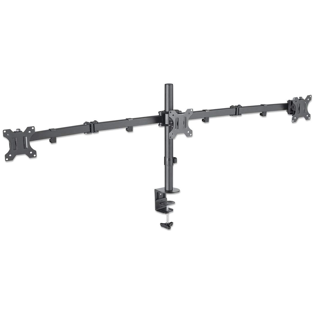 Manhattan TV & Monitor Mount, Desk, Double-Link Arms, 3 screens, Screen Sizes: 10-27", Black, Clamp Assembly, Triple Screen, VESA 75x75 to 100x100mm, Max 7kg (each), Lifetime Warranty