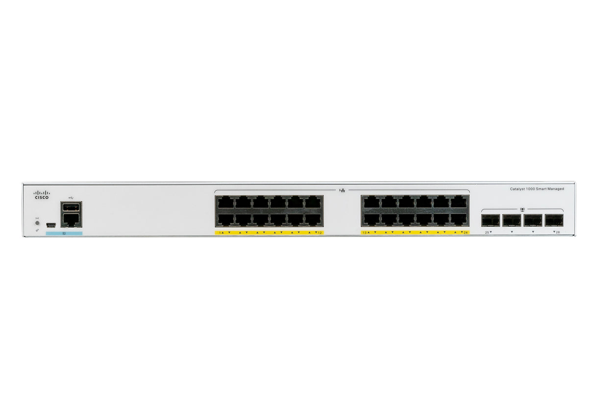 Cisco Catalyst 1000-24P-4G-L Network Switch, 24 Gigabit Ethernet (GbE) PoE+ Ports, 195W PoE Budget, four 1 G SFP Uplink Ports, Fanless Operation, Enhanced Limited Lifetime Warranty (C1000-24P-4G-L)