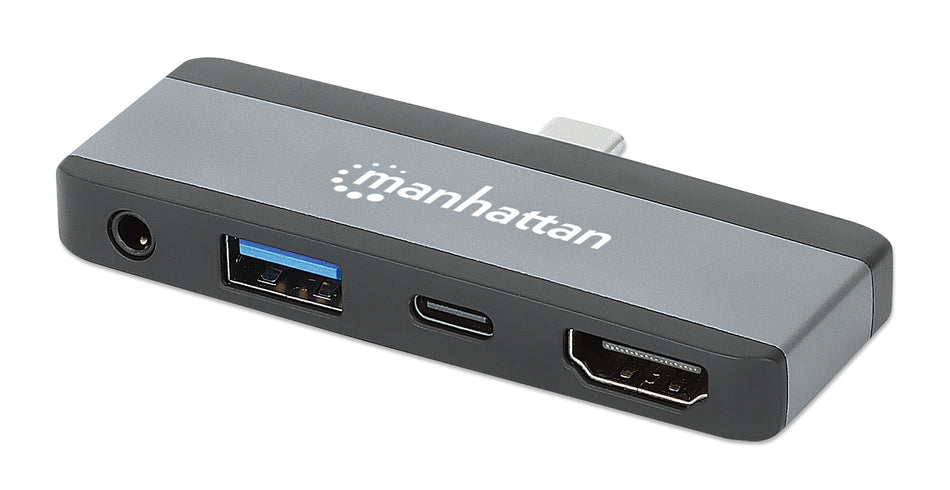 Manhattan USB-C Travel Dock/Hub, Ports (x4): HDMI, USB-A, USB-C and 3.5mm audio, With Power Delivery (100W) to USB-C Port, Black/Space Grey, External Power Supply Not Needed, All Ports can be used at the same time