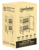 Manhattan Charging Cabinet/Cart via USB-C x32 Devices, Trolley, Power Delivery 18W per port (576W total), Suitable for iPads/other tablets/chromebooks up to 15.6", Bays 380x30x280mm, Device charging cables not included, Lockable (PIN code), EU & UK power