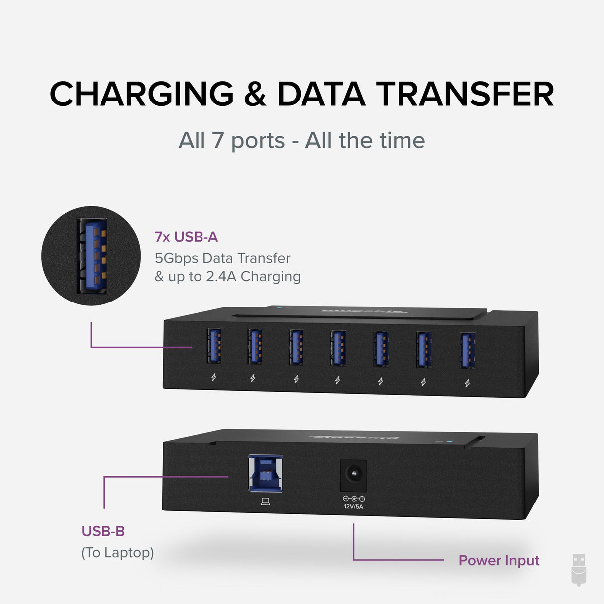 Plugable Technologies 7-in-1 USB Charging Hub for Laptops with USB-C or USB 3.0 - USB Charging Station for Multiple Devices and USB Data Transfer with a 60W Power Adapter