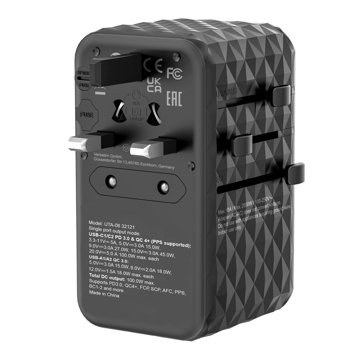 Verbatim UTA-06 100W GaN III Universal Travel Adapter with 2 x USB-C PD & QC 4+ & 2 x USB-A QC 3.0 ports