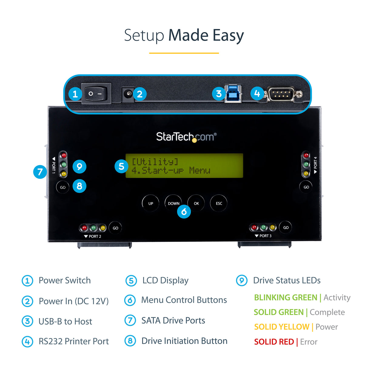 StarTech.com 4 Bay SSD/HDD Hard Drive Eraser - 2.5" & 3.5" SATA - Hostless Standalone Secure Erase External Disk Sanitizer - 9 Erase Modes - RS232 Printer Port - NIST/DOD & TAA Compliant