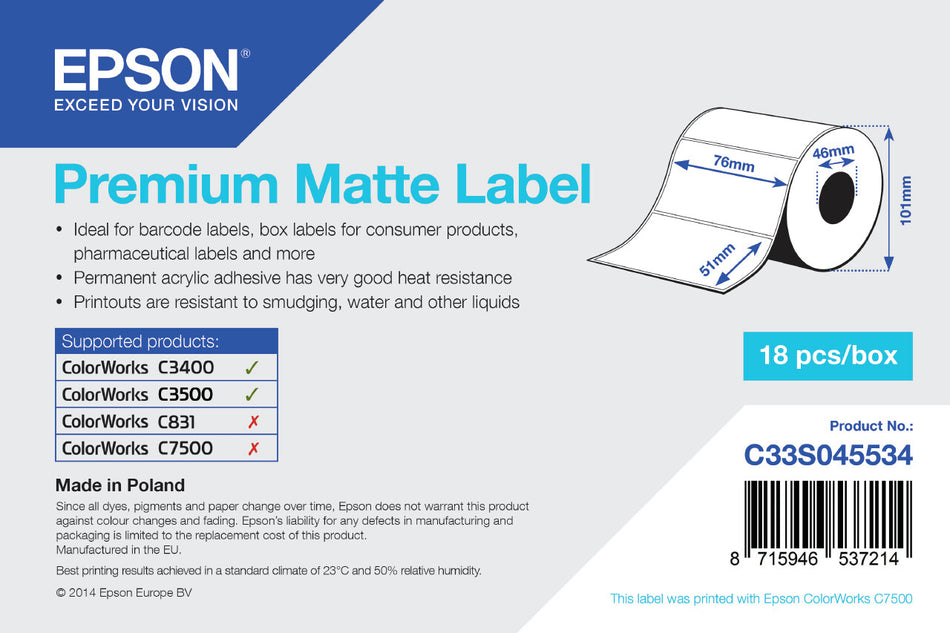 Epson Premium Matte Label - Die-cut Roll: 76mm x 51mm, 650 labels