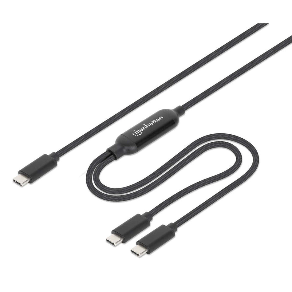 Manhattan Dual USB-C to USB-C Charging Cable, 100W, 2m, Male to Two Males, Smart Power Splitter Cable, Charges Two Devices from One USB-C PD Port, Delivers up to 100W for single charging and up to 70W + 28W for dual charging, Braided Jacket, Aluminum Boot