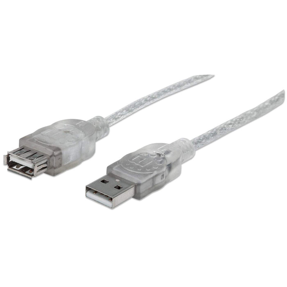 Manhattan USB-A to USB-A Extension Cable, 3m, Male to Female, Translucent Silver, 480 Mbps (USB 2.0), Hi-Speed USB, Lifetime Warranty, Equivalent to USBEXTAA10BK (except colour).