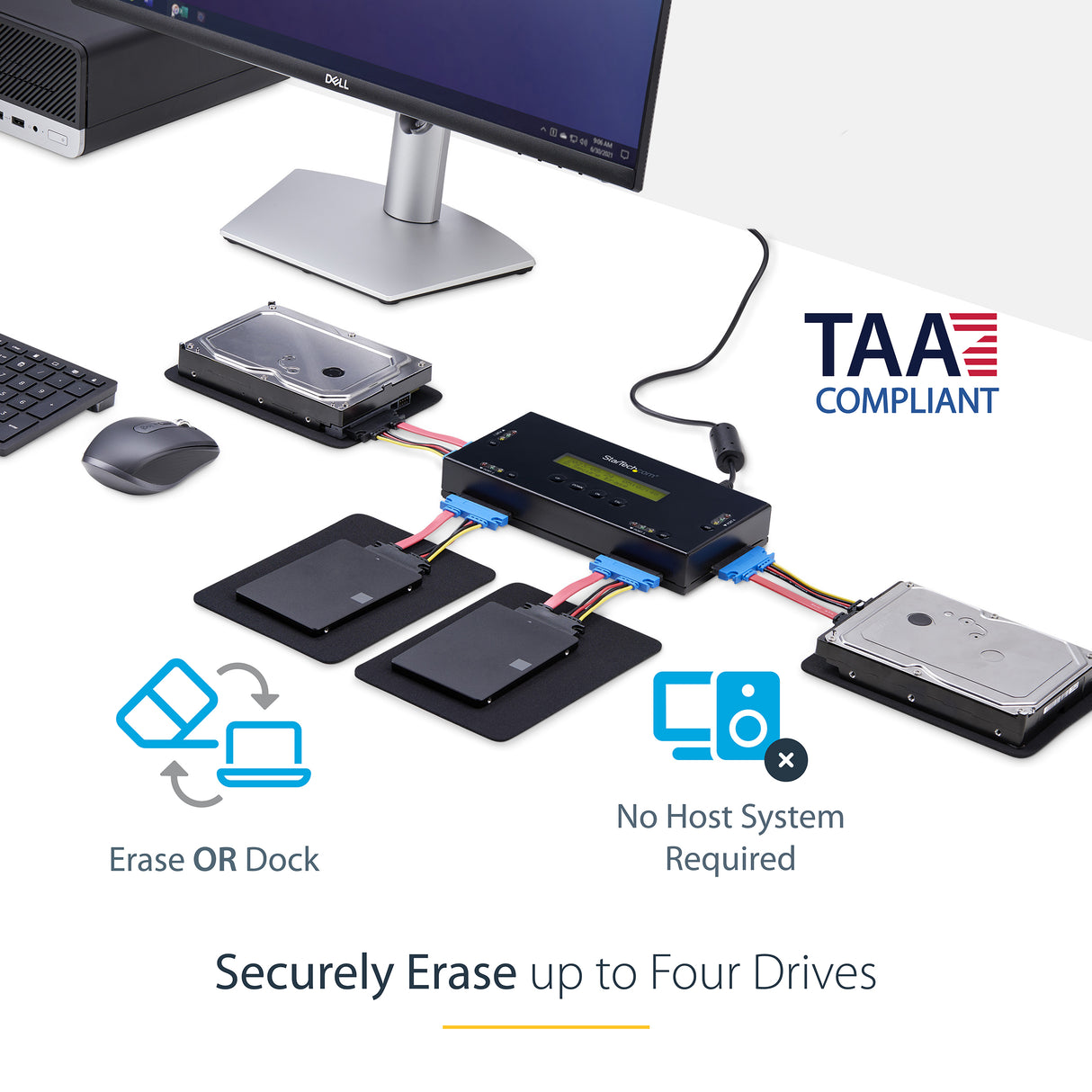 StarTech.com 4 Bay SSD/HDD Hard Drive Eraser - 2.5" & 3.5" SATA - Hostless Standalone Secure Erase External Disk Sanitizer - 9 Erase Modes - RS232 Printer Port - NIST/DOD & TAA Compliant