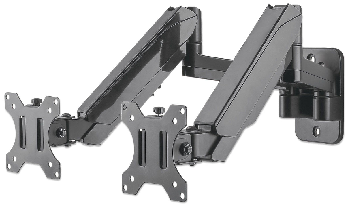 Manhattan TV & Monitor Mount, Wall, Full Motion (Gas Spring), 2 screens, Screen Sizes: 17-32", Black, Dual Screen, VESA 75x75 to 100x100mm, Max 8kg (each), Tilt & Swivel with 3 Pivots, Lifetime Warranty