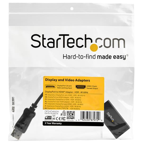 StarTech.com DisplayPort to HDMI Adapter - 4K 60Hz HDR10 Active DisplayPort 1.4 to HDMI 2.0b Video Converter - 4K DP to HDMI Adapter Dongle for Monitor/Display/TV - Latching DP Connector