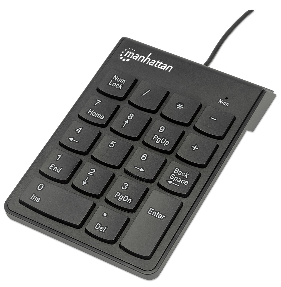 Manhattan Numeric Keypad, Wired, USB-A, 18 Full Size Keys, Black, Membrane Key Switches, Windows and Mac, Three Year Warranty