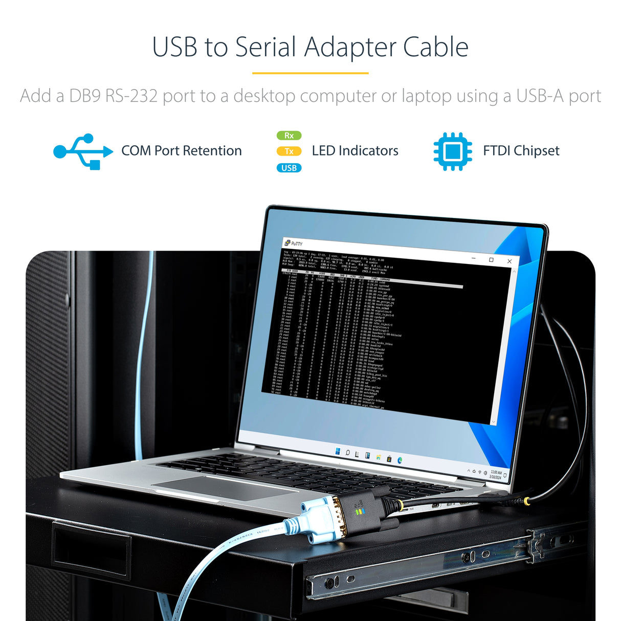 StarTech.com 10ft (3m) USB to Serial Adapter Cable, COM Retention, Interchangeable Screws/Nuts, USB-A to DB9 RS232, FTDI IC, ESD Protection, Windows/macOS/Linux