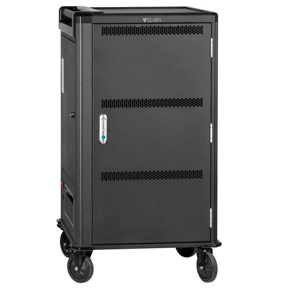 V7 30 Devices UK AC Charge Cart - Secure, Store and Charge Chromebooks, Notebooks and Tablets. Padded shelves with durable dividers, rubber casters, IEC 62368-1 Certified