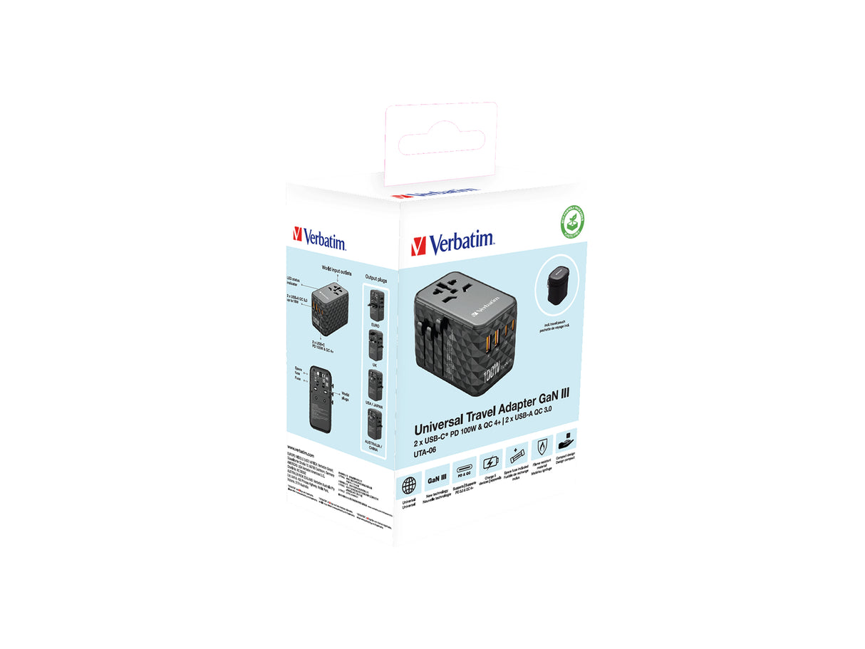 Verbatim UTA-06 100W GaN III Universal Travel Adapter with 2 x USB-C PD & QC 4+ & 2 x USB-A QC 3.0 ports