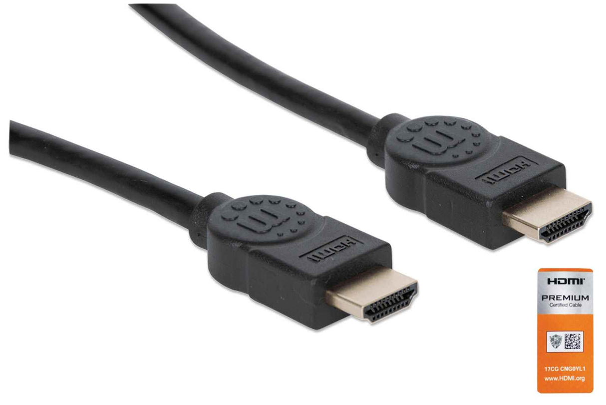 Manhattan HDMI Cable with Ethernet, 4K@60Hz (Premium High Speed), 1m, Male to Male, Black, Equivalent to HDMM1MP, Ultra HD 4k x 2k, Fully Shielded, Gold Plated Contacts, Lifetime Warranty, Polybag