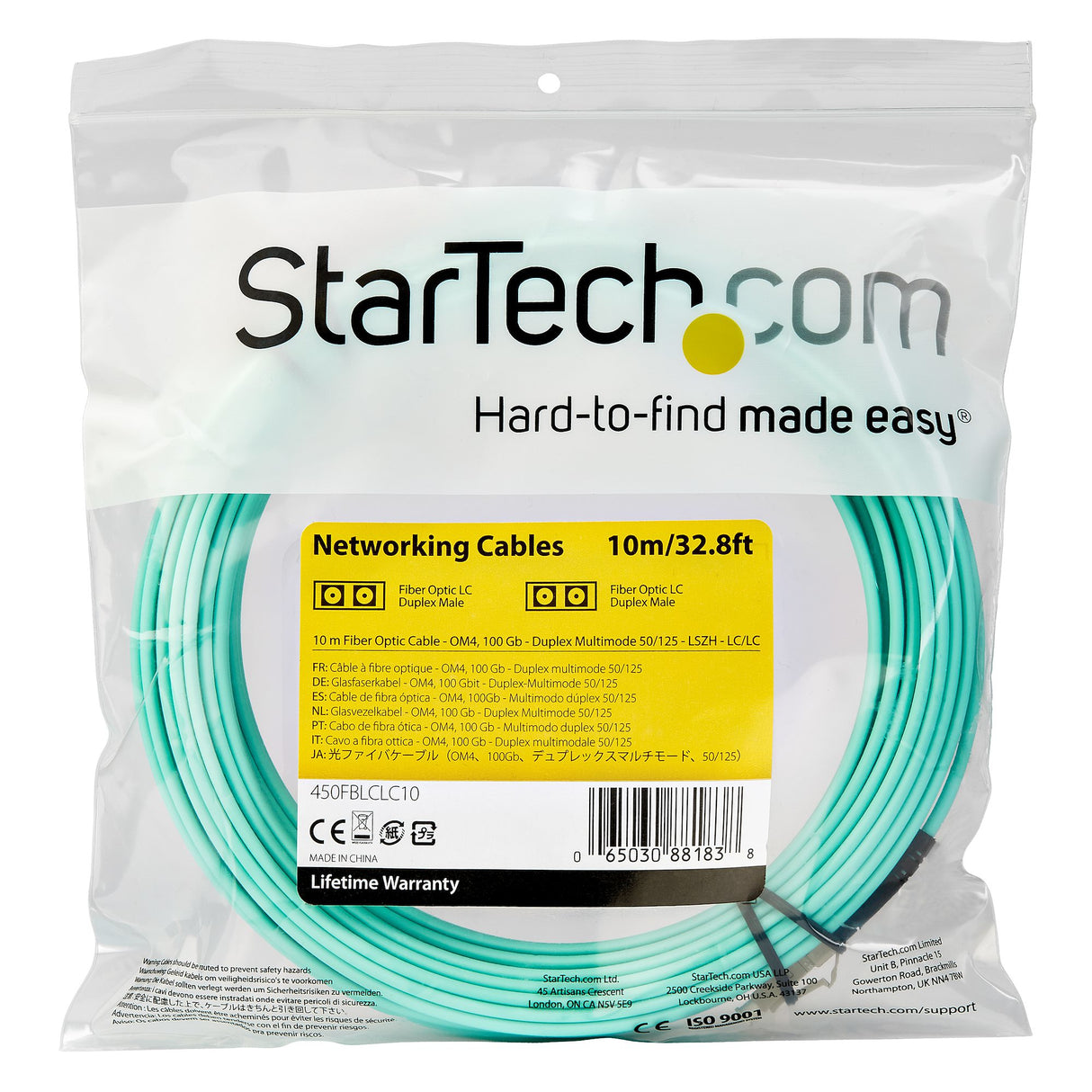 StarTech.com 10m (30ft) LC/UPC to LC/UPC OM4 Multimode Fiber Optic Cable, 50/125µm LOMMF/VCSEL Zipcord Fiber, 100G, Low Insertion Loss - LSZH Fiber Jumper Cord